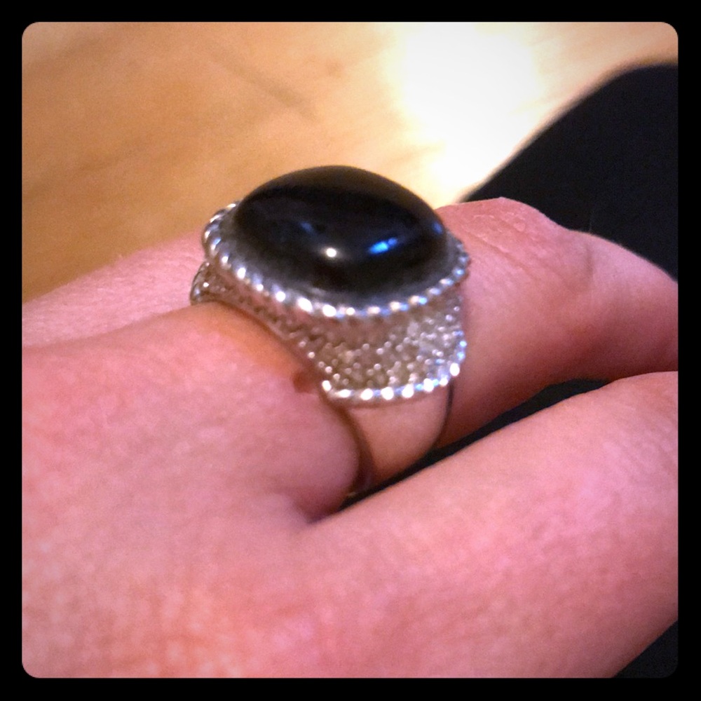 Silver Ring with Black Cabochon Center Stone